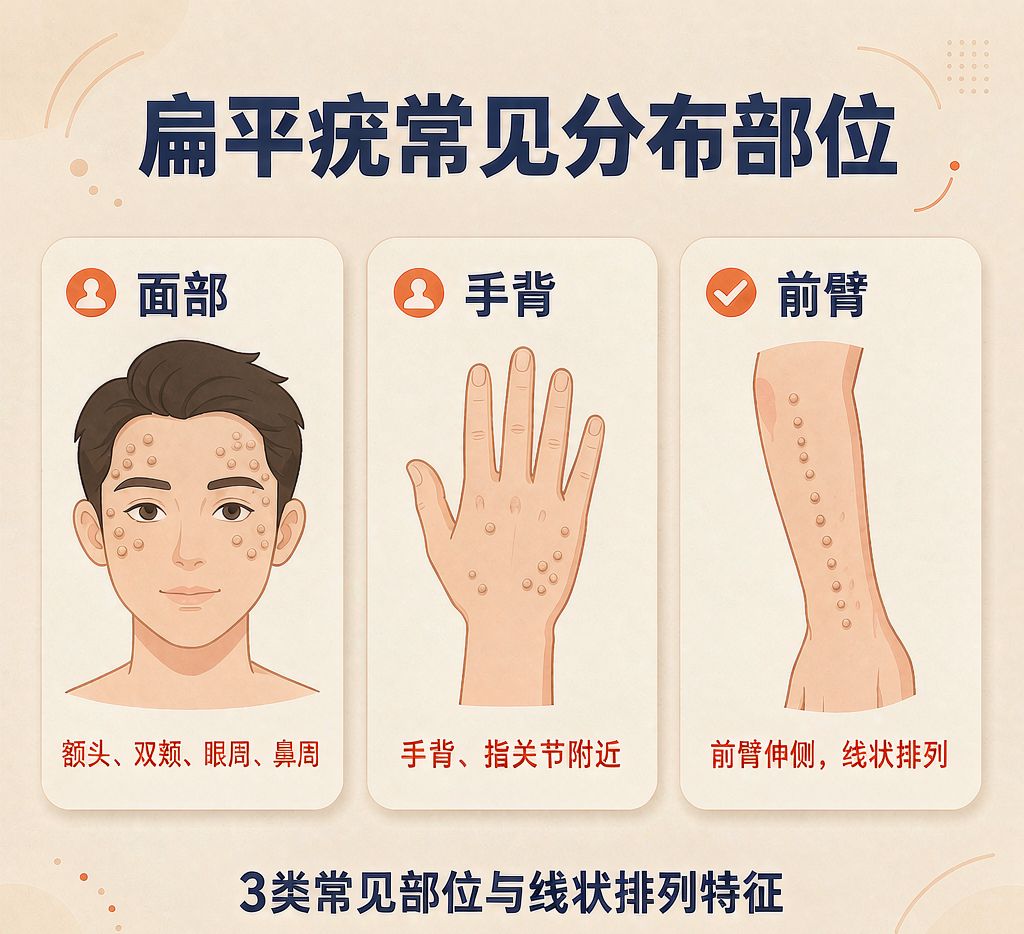 扁平疣好发于面部与手背的常见分布部位示意图