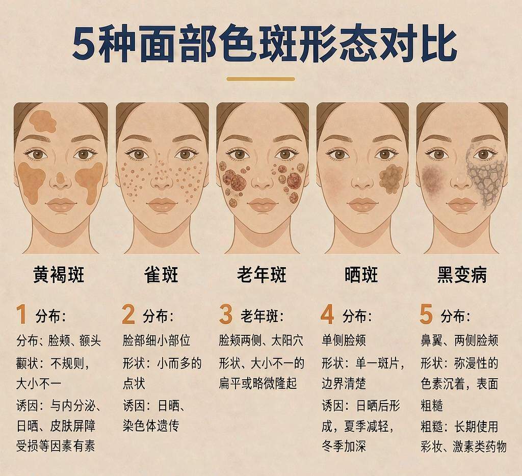 黄褐斑vs雀斑vs老年斑形态分布对照示意