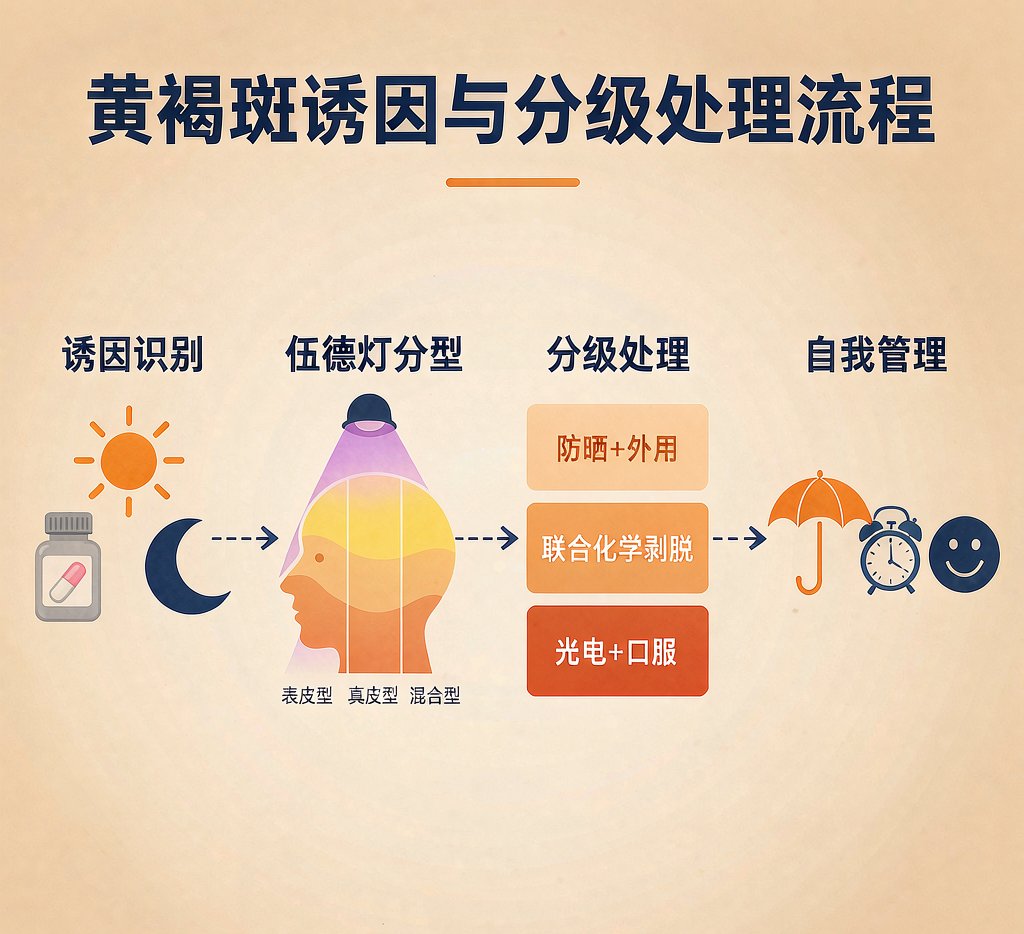 黄褐斑诱因与分级处理流程示意