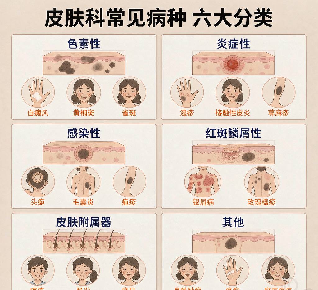 皮肤科六大类常见病种分类示意图，含色素性、炎症性、感染性、红斑鳞屑性、附属器及其他