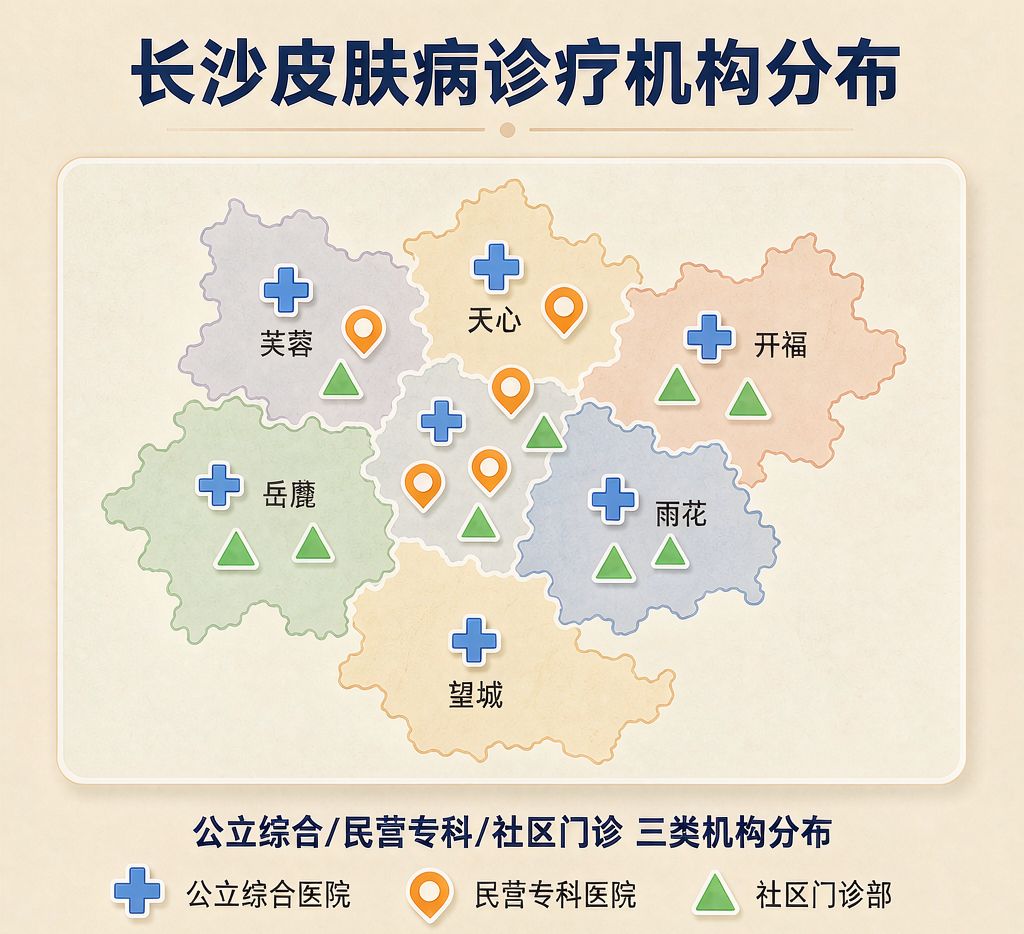 长沙地区主要皮肤病诊疗机构地址分布示意图