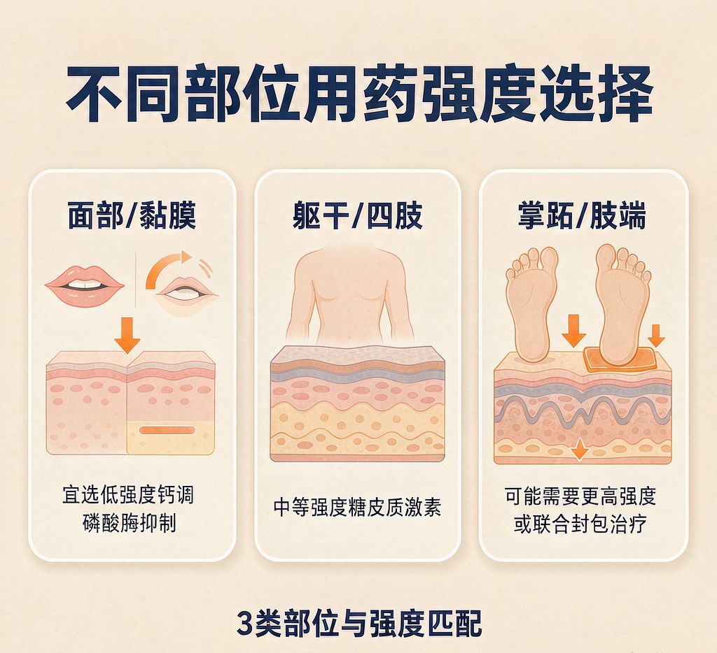 白癜风外用药在不同部位涂抹的示意：面部颈部、躯干、四肢与皮肤薄嫩部位区别
