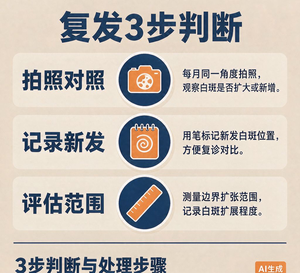 白癜风复发判断示意：拍照对照白斑边界变化、记录新发位置与扩大范围