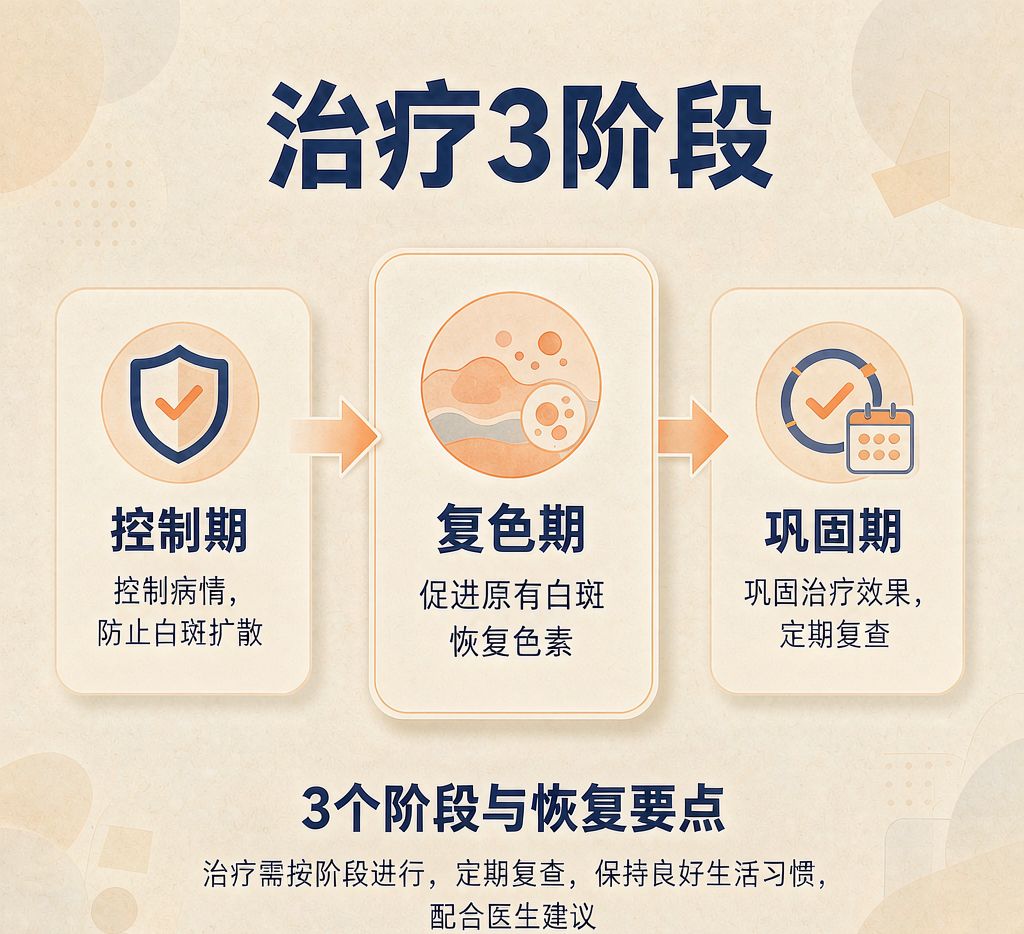 白癜风治疗三阶段示意：控制期稳定病情、复色期促进色素恢复、巩固期维持随访