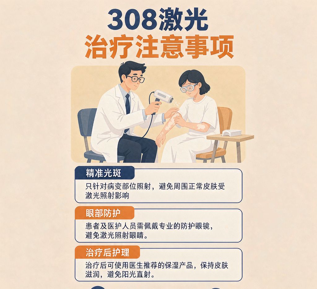 白癜风308nm准分子激光治疗示意：精准光斑照射、眼部防护与治疗后皮肤护理